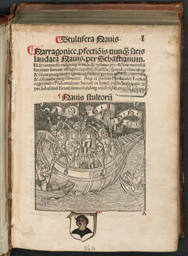 Holzschnitt aus der Inkunabel von 1497: Navis stultorum - Das Narrenschiff